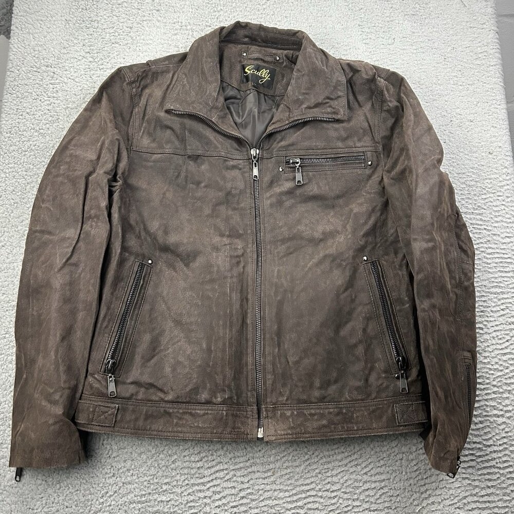 Scully Moto Zip Up Brown Leather Mens Jacket Size Large Collar